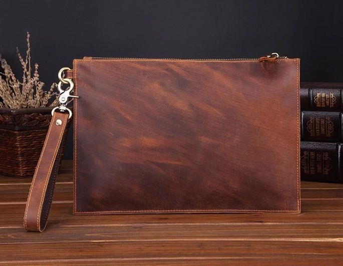 Brown MENS LEATHER SLIM ZIPPER CLUTCH WRISTLET PURSE CLUTCH BAGs FOR MEN