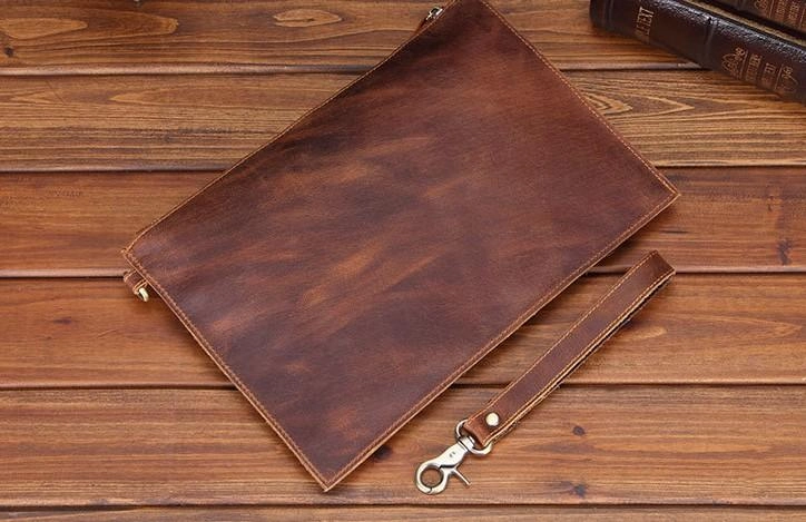Brown MENS LEATHER SLIM ZIPPER CLUTCH WRISTLET PURSE CLUTCH BAGs FOR MEN