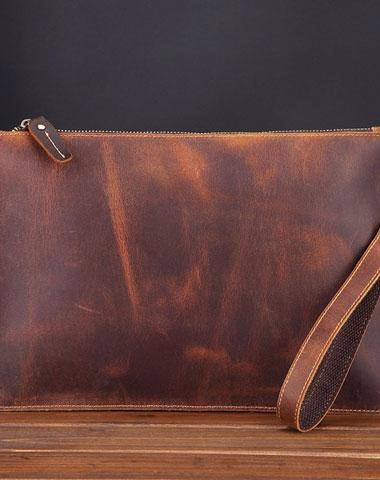 Brown MENS LEATHER SLIM ZIPPER CLUTCH WRISTLET PURSE CLUTCH BAGs FOR MEN