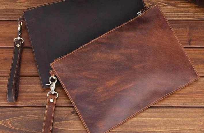 Brown MENS LEATHER SLIM ZIPPER CLUTCH WRISTLET PURSE CLUTCH BAGs FOR MEN