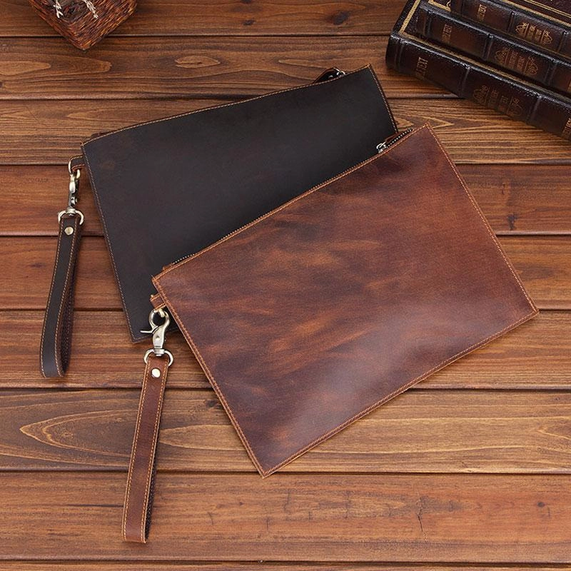 Brown MENS LEATHER SLIM ZIPPER CLUTCH WRISTLET PURSE CLUTCH BAGs FOR MEN