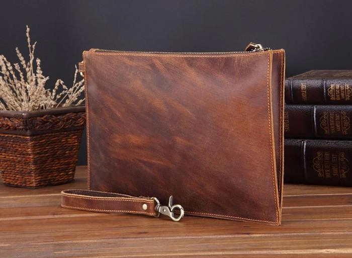 Brown MENS LEATHER SLIM ZIPPER CLUTCH WRISTLET PURSE CLUTCH BAGs FOR MEN