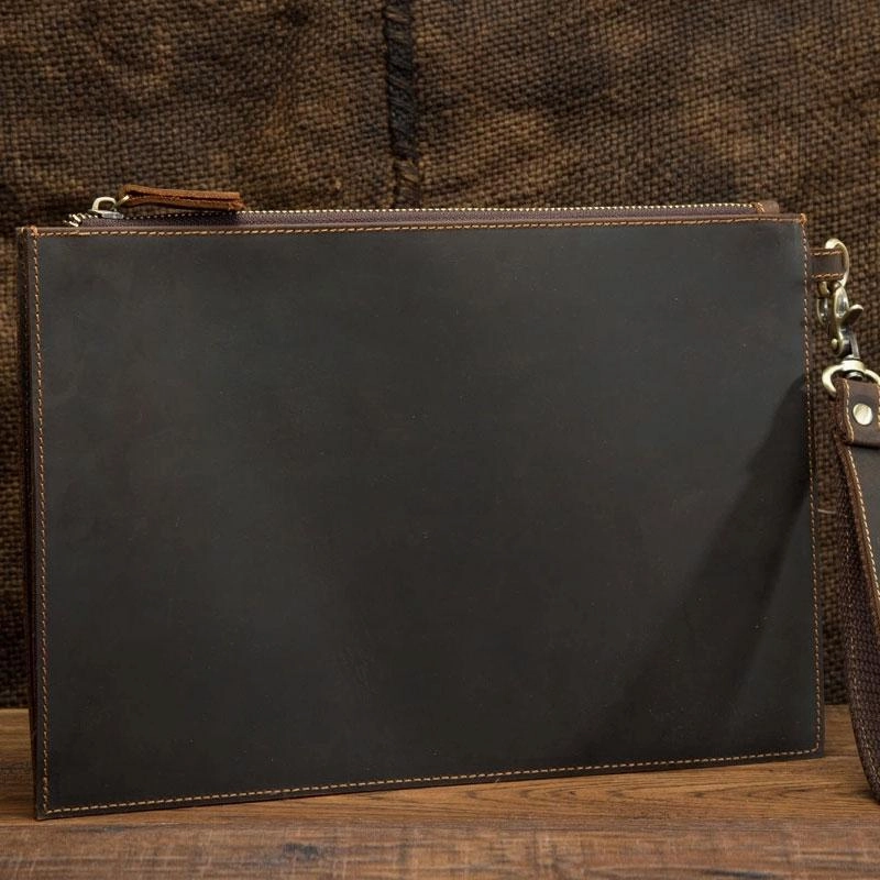 Brown MENS LEATHER SLIM ZIPPER CLUTCH WRISTLET PURSE CLUTCH BAGs FOR MEN