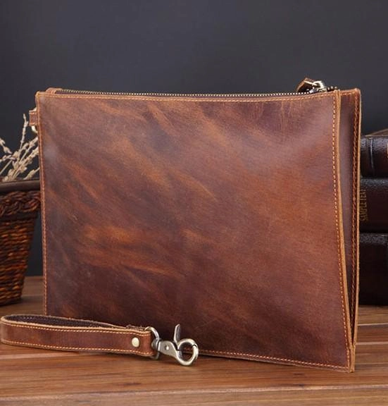 Brown MENS LEATHER SLIM ZIPPER CLUTCH WRISTLET PURSE CLUTCH BAGs FOR MEN