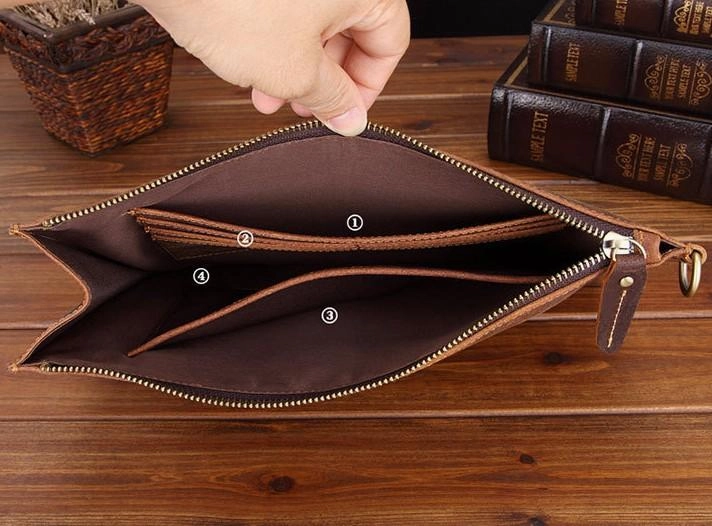 Brown MENS LEATHER SLIM ZIPPER CLUTCH WRISTLET PURSE CLUTCH BAGs FOR MEN