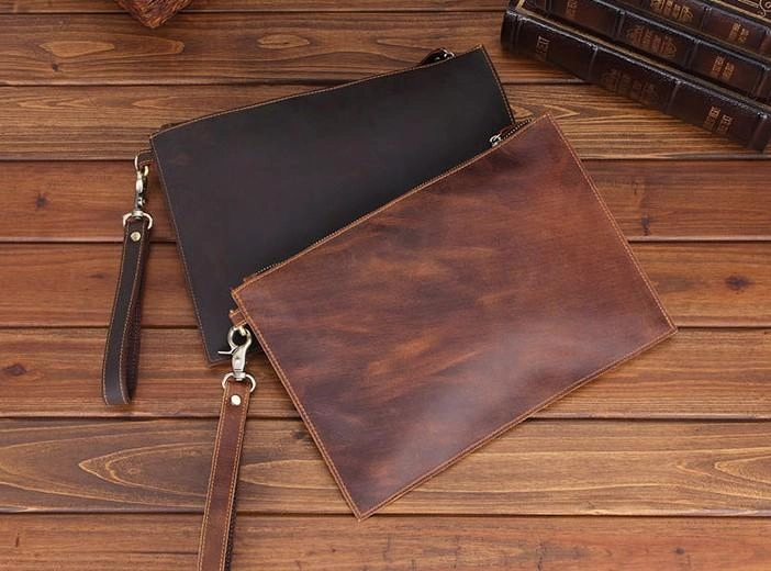 Brown MENS LEATHER SLIM ZIPPER CLUTCH WRISTLET PURSE CLUTCH BAGs FOR MEN