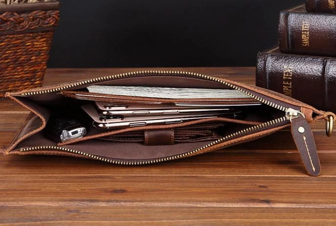 Brown MENS LEATHER SLIM ZIPPER CLUTCH WRISTLET PURSE CLUTCH BAGs FOR MEN