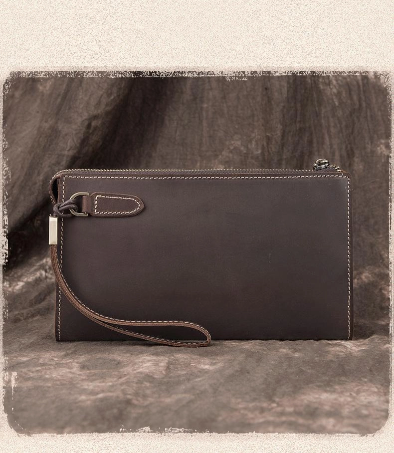 Brown MENS LEATHER Wristlet Wallet SLIM ZIPPER CLUTCH WRISTLET PURSE BAG CLUTCH BAG FOR MEN