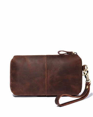 Brown MENS LEATHER ZIPPER CLUTCH WRISTLET PURSE BAG CLUTCH Wallet FOR MEN