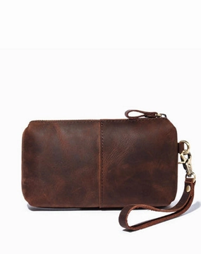 Brown MENS LEATHER ZIPPER CLUTCH WRISTLET PURSE BAG CLUTCH Wallet FOR MEN