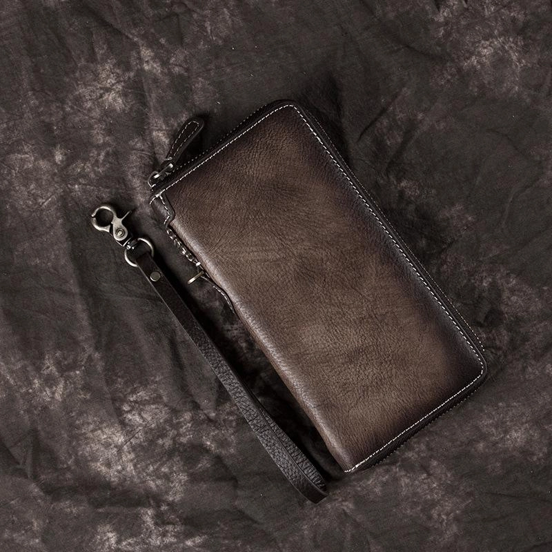 Brown Vintage Chain Wallet Leather Mens Gray Long Biker Wallet Zipper Clutch Wallet For Men