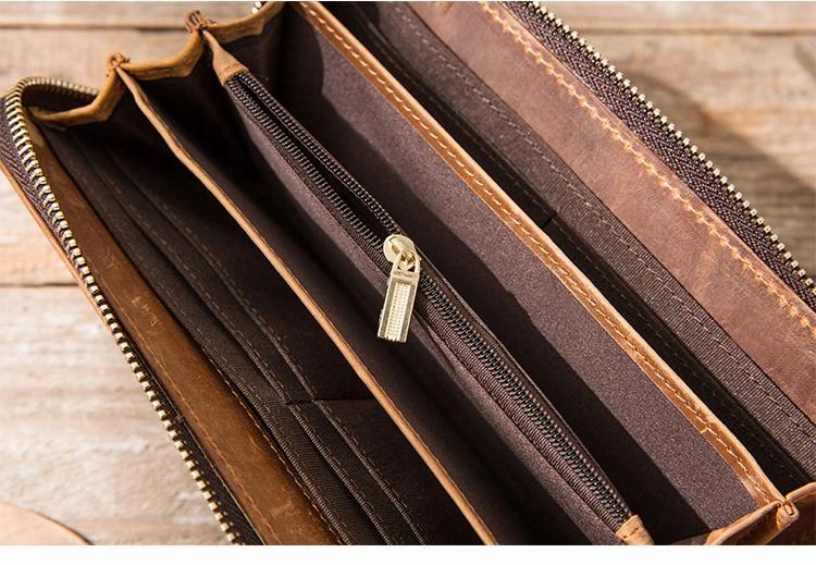 Brown Vintage Cool Mens Zipper long Wallet Leather Wallet Bifold Long Wallets Clutch for Men