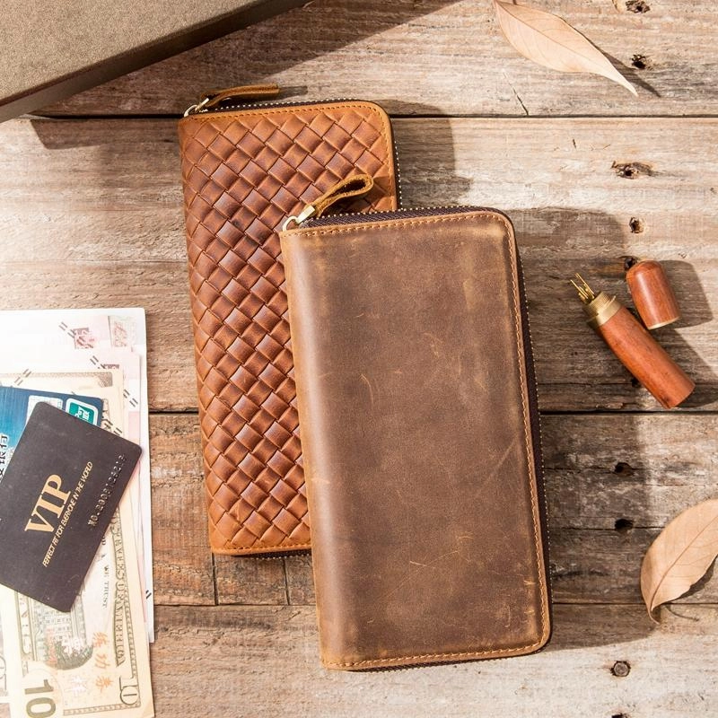 Brown Vintage Cool Mens Zipper long Wallet Leather Wallet Bifold Long Wallets Clutch for Men