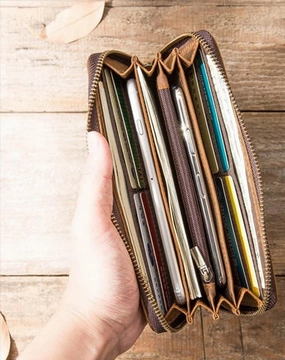 Brown Vintage Cool Mens Zipper long Wallet Leather Wallet Bifold Long Wallets Clutch for Men