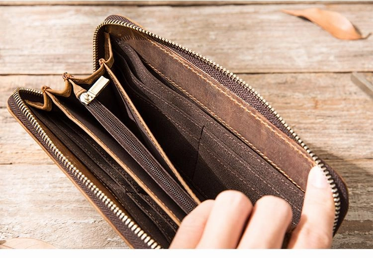 Brown Vintage Cool Mens Zipper long Wallet Leather Wallet Bifold Long Wallets Clutch for Men