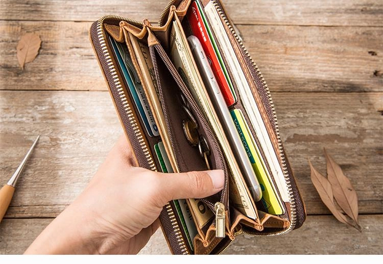 Brown Vintage Cool Mens Zipper long Wallet Leather Wallet Bifold Long Wallets Clutch for Men