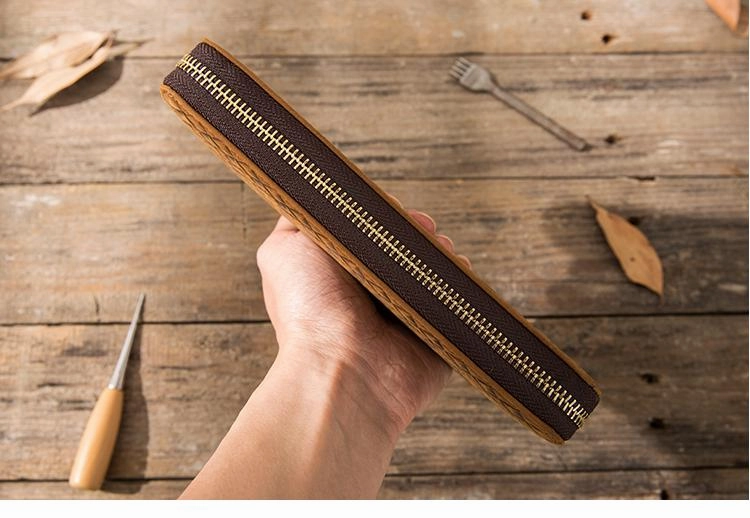 Brown Vintage Cool Mens Zipper long Wallet Leather Wallet Bifold Long Wallets Clutch for Men
