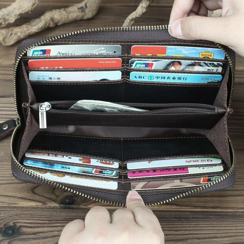 Brown Vintage Leather Long Wallet for Men Bifold Black COffee Phone Clutch Wallet For Men