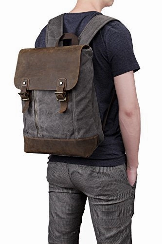 Canvas Leather Laptop Backpack C Unisex, Classic Style, Genuine Leather (Grey)