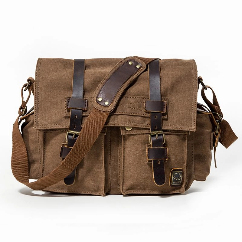 Canvas Leather Women Mens Blue 15'' Messenger Bag Khaki Side Bag Brown Shoulder Bag For Men