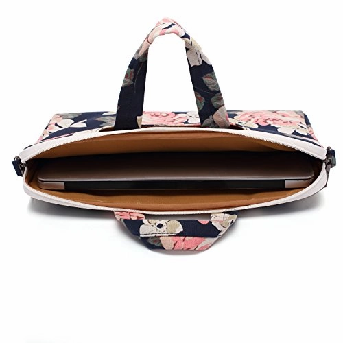 Canvaslife White Rose Patten Canvas Laptop Shoulder Messenger Bag Case Sleeve For 14 Inch 15 Inch