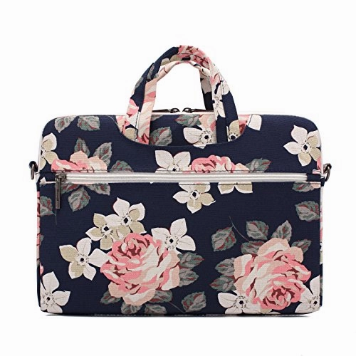 Canvaslife White Rose Patten Canvas Laptop Shoulder Messenger Bag Case Sleeve For 14 Inch 15 Inch