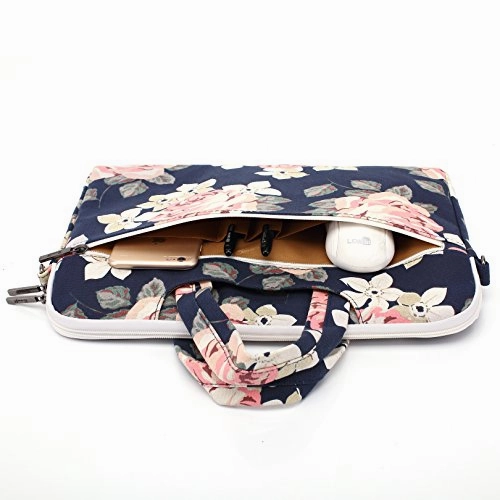 Canvaslife White Rose Patten Canvas Laptop Shoulder Messenger Bag Case Sleeve For 14 Inch 15 Inch