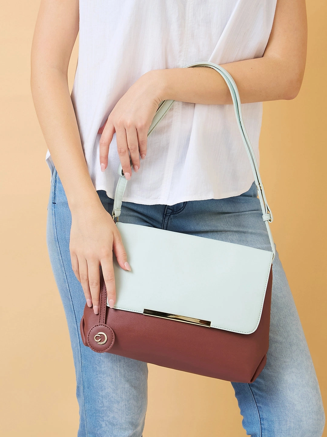 Caprese Fenne Small Blue & Choco Satchel Bag