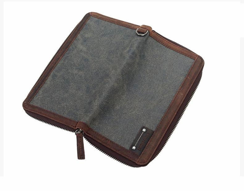 Casual Black Canvas Leather Men's Long Wallet Bifold Around Zip Wallets Clutch Purse For Men