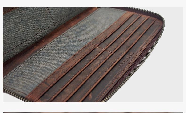 Casual Black Canvas Leather Men's Long Wallet Bifold Around Zip Wallets Clutch Purse For Men