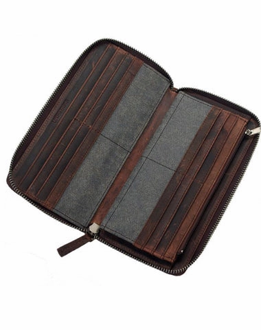 Casual Black Canvas Leather Men's Long Wallet Bifold Around Zip Wallets Clutch Purse For Men