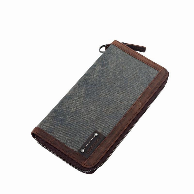 Casual Black Canvas Leather Men's Long Wallet Bifold Around Zip Wallets Clutch Purse For Men