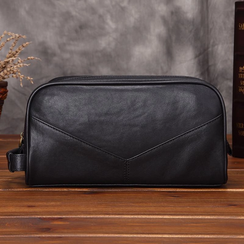 Casual Black Leather Men's Wristlet Bag Double Zipper Clutch Bag For Men