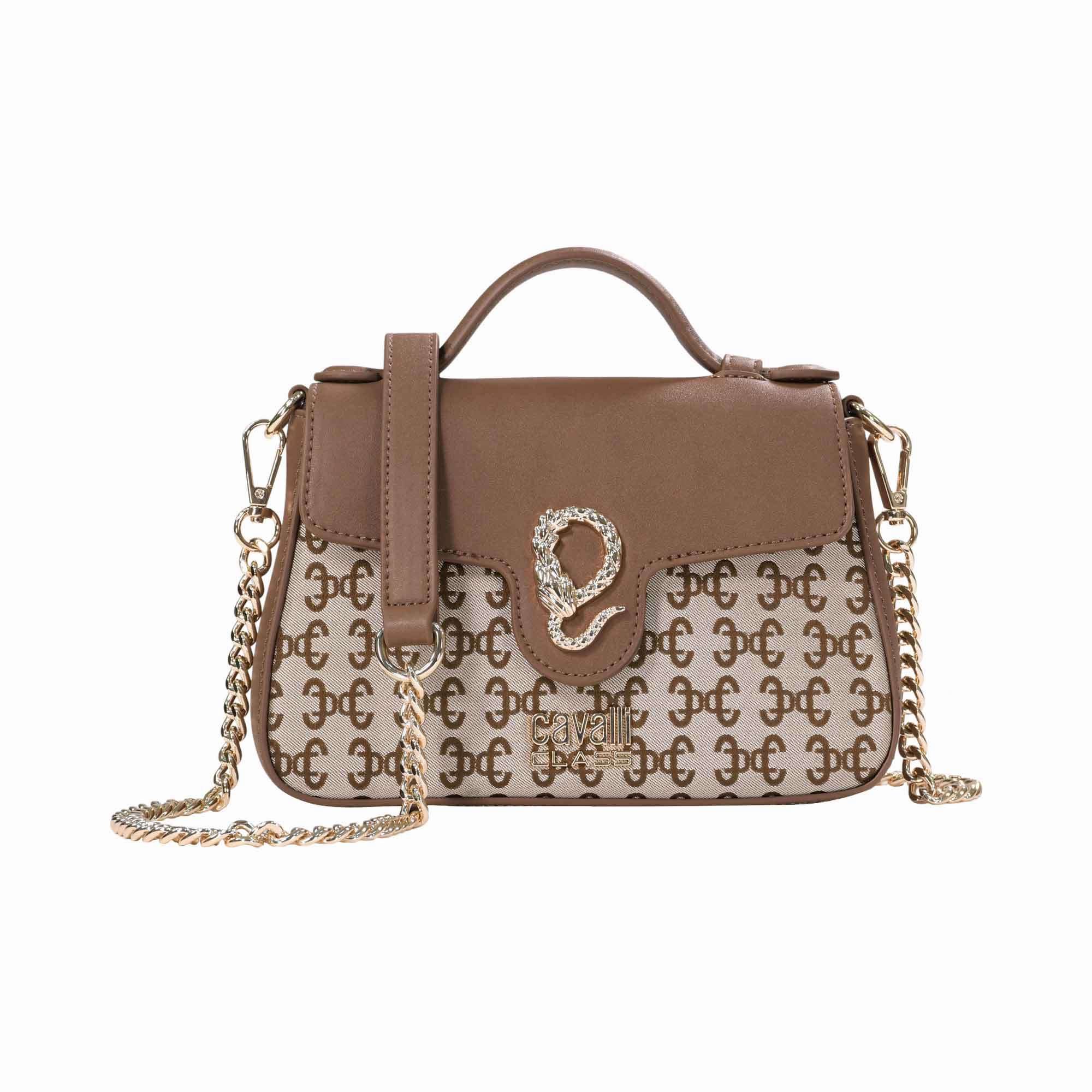 Cavalli Class Women's Dark Brown & Logo jacquard Top Handle Handbag
