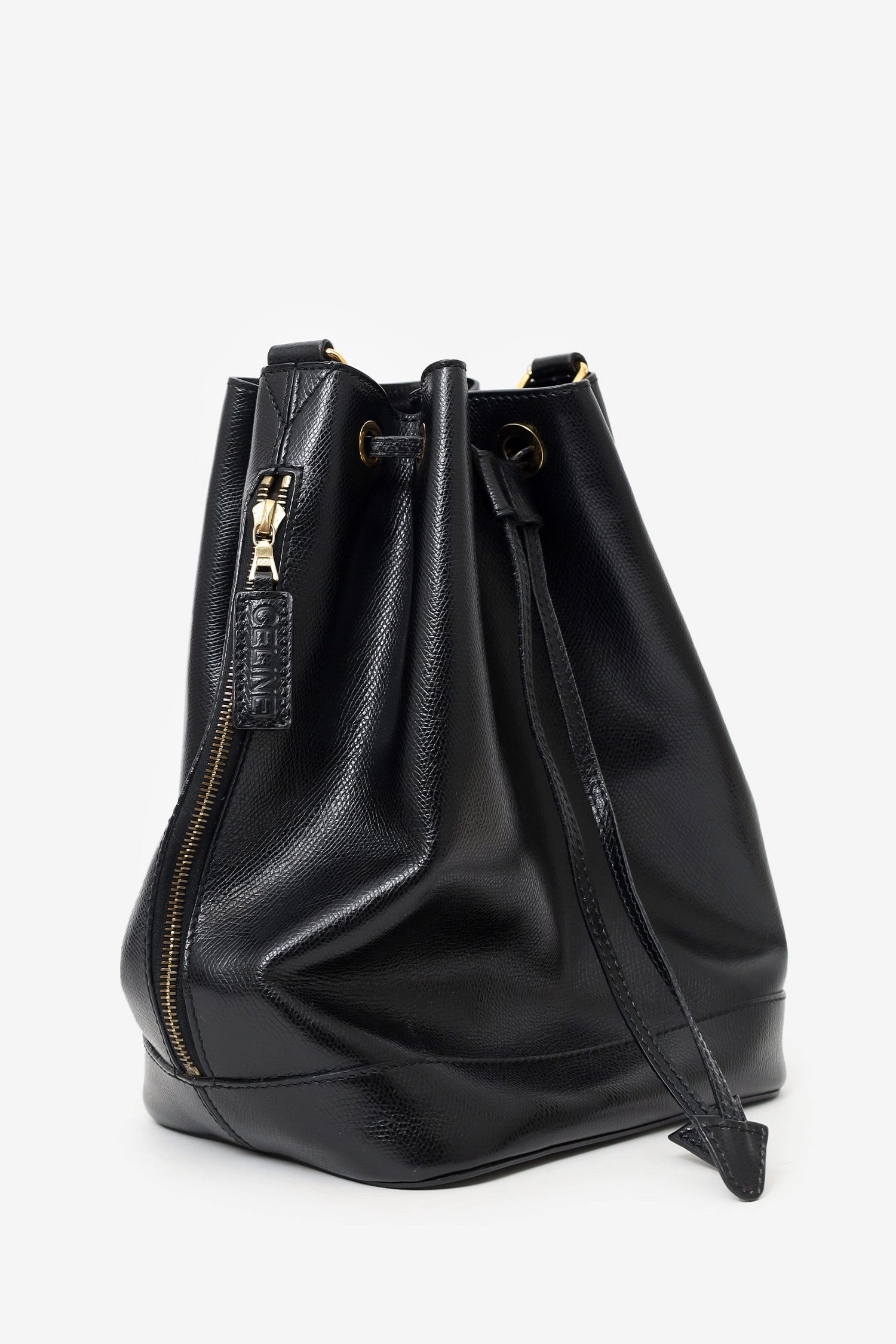 Celine Black Leather Plain Drawstring Bucket Bag