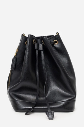 Celine Black Leather Plain Drawstring Bucket Bag