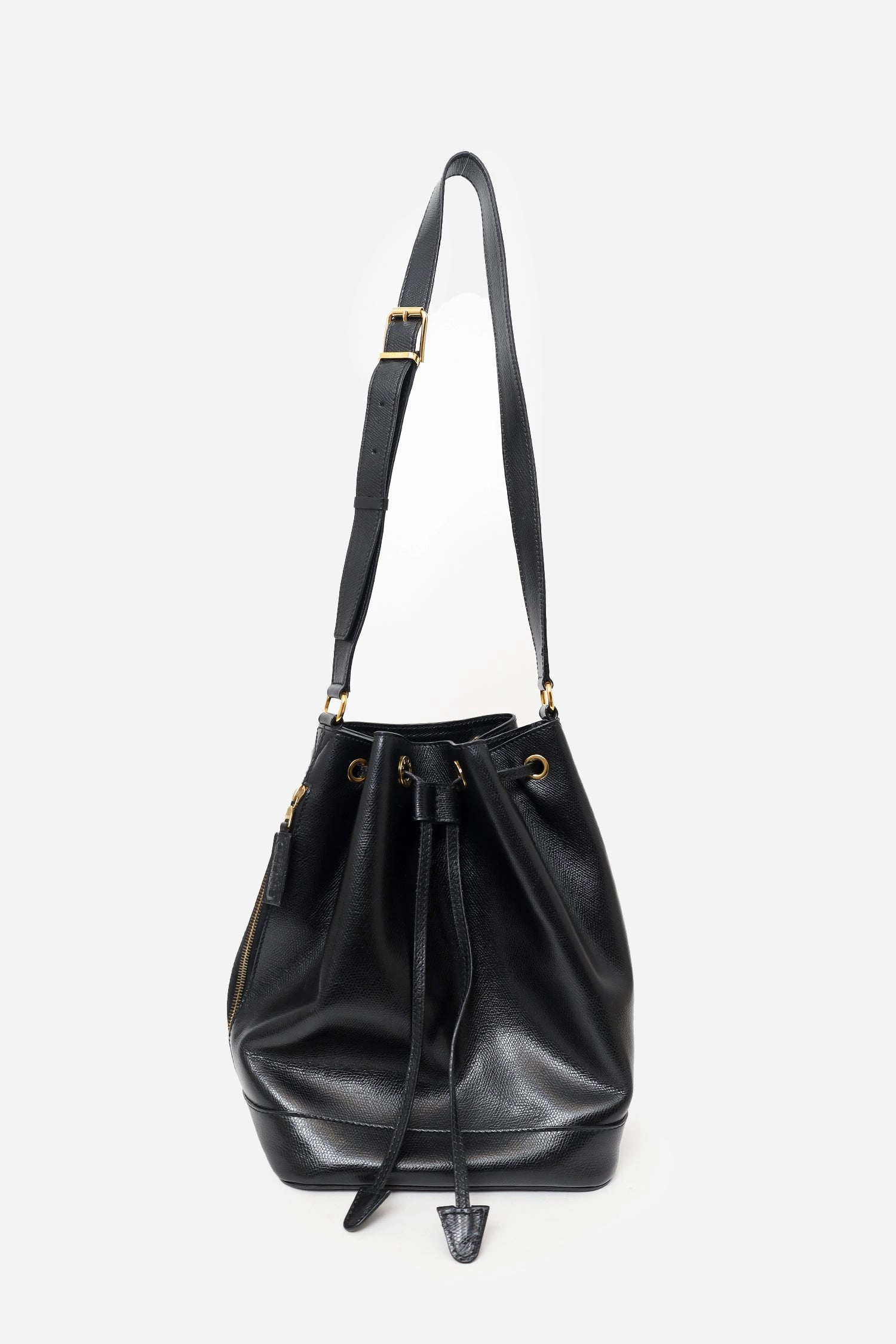 Celine Black Leather Plain Drawstring Bucket Bag