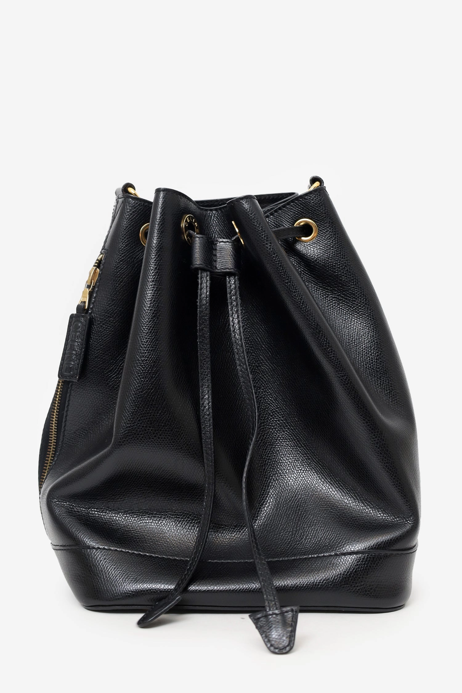 Celine Black Leather Plain Drawstring Bucket Bag