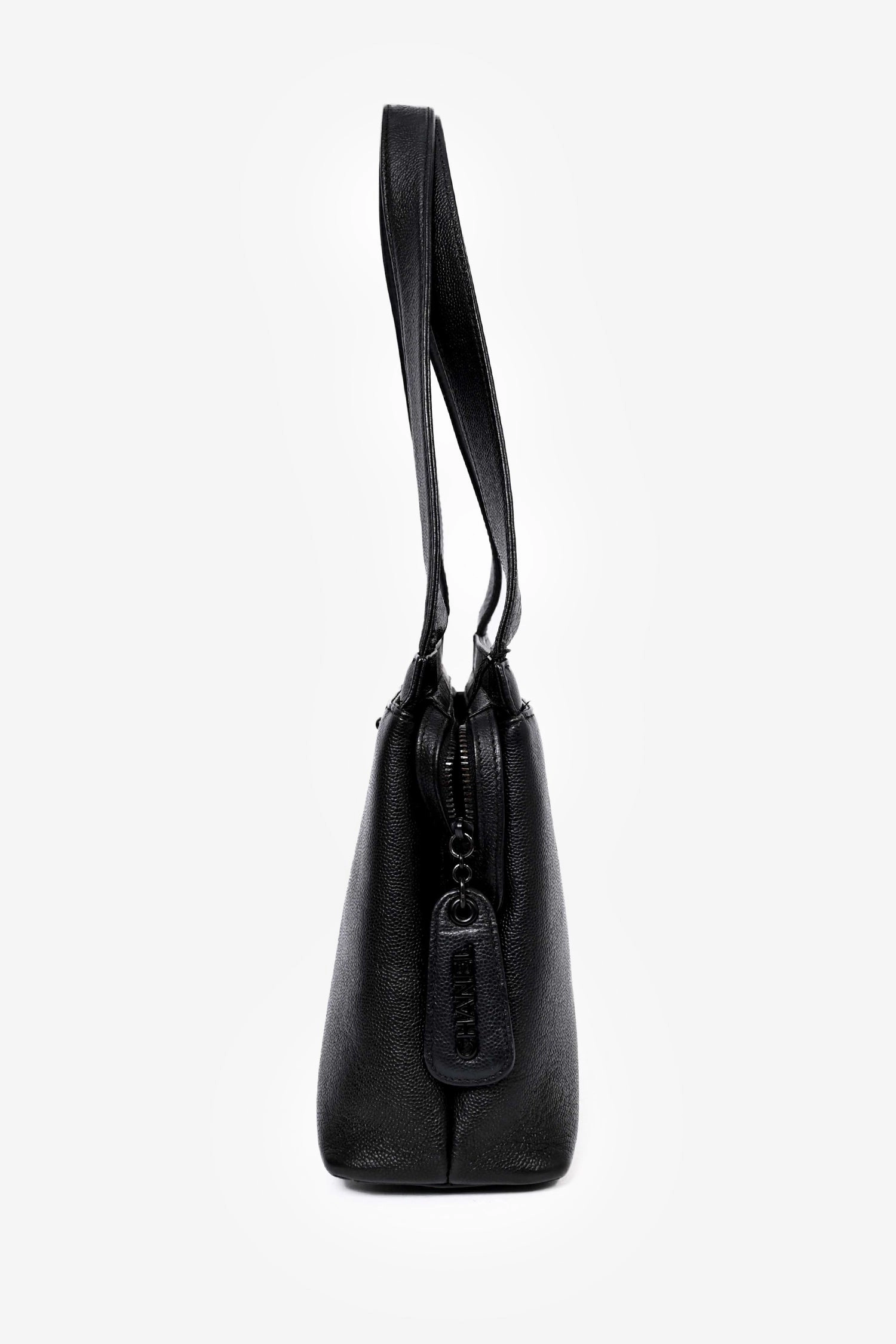 Chanel 1997-99 Black Caviar Leather Shoulder Bag with Matte Black CC