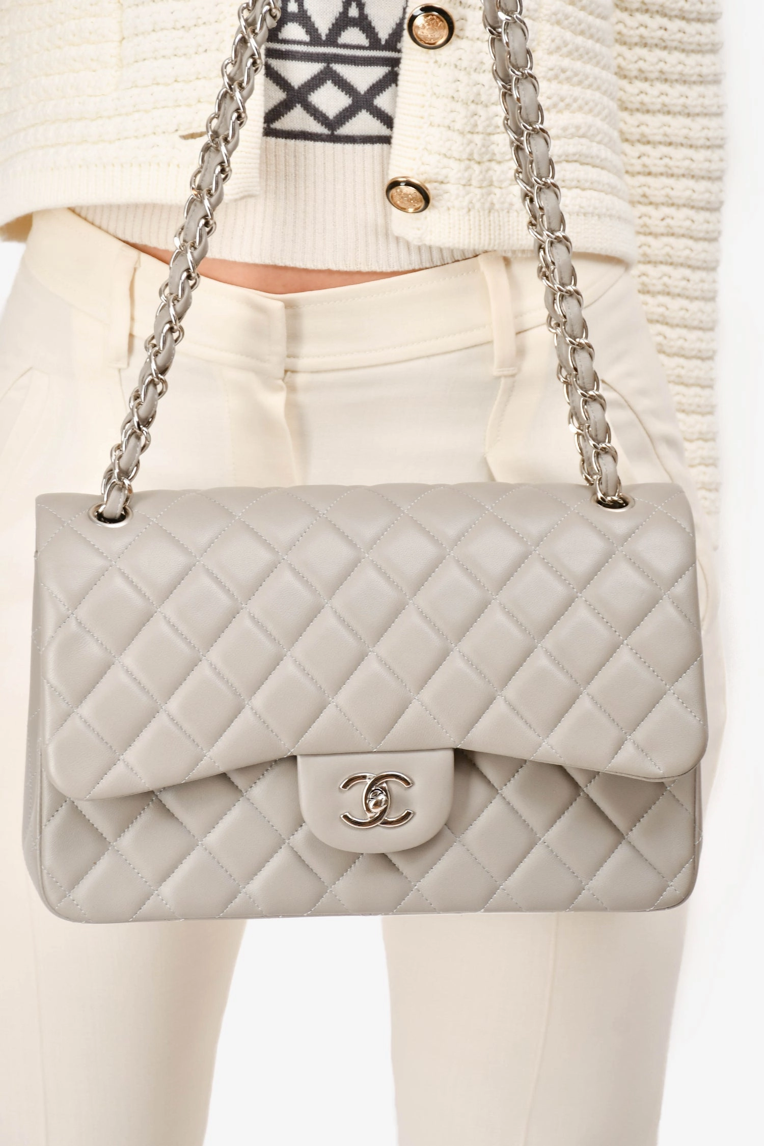 Chanel 2019/20 Grey Lambskin Leather Jumbo Double Flap