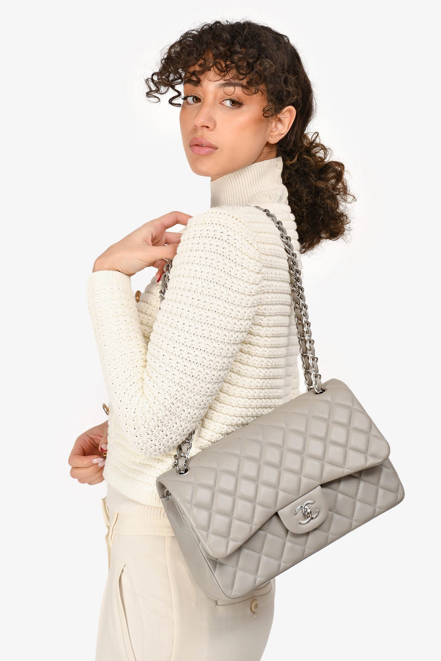 Chanel 2019/20 Grey Lambskin Leather Jumbo Double Flap