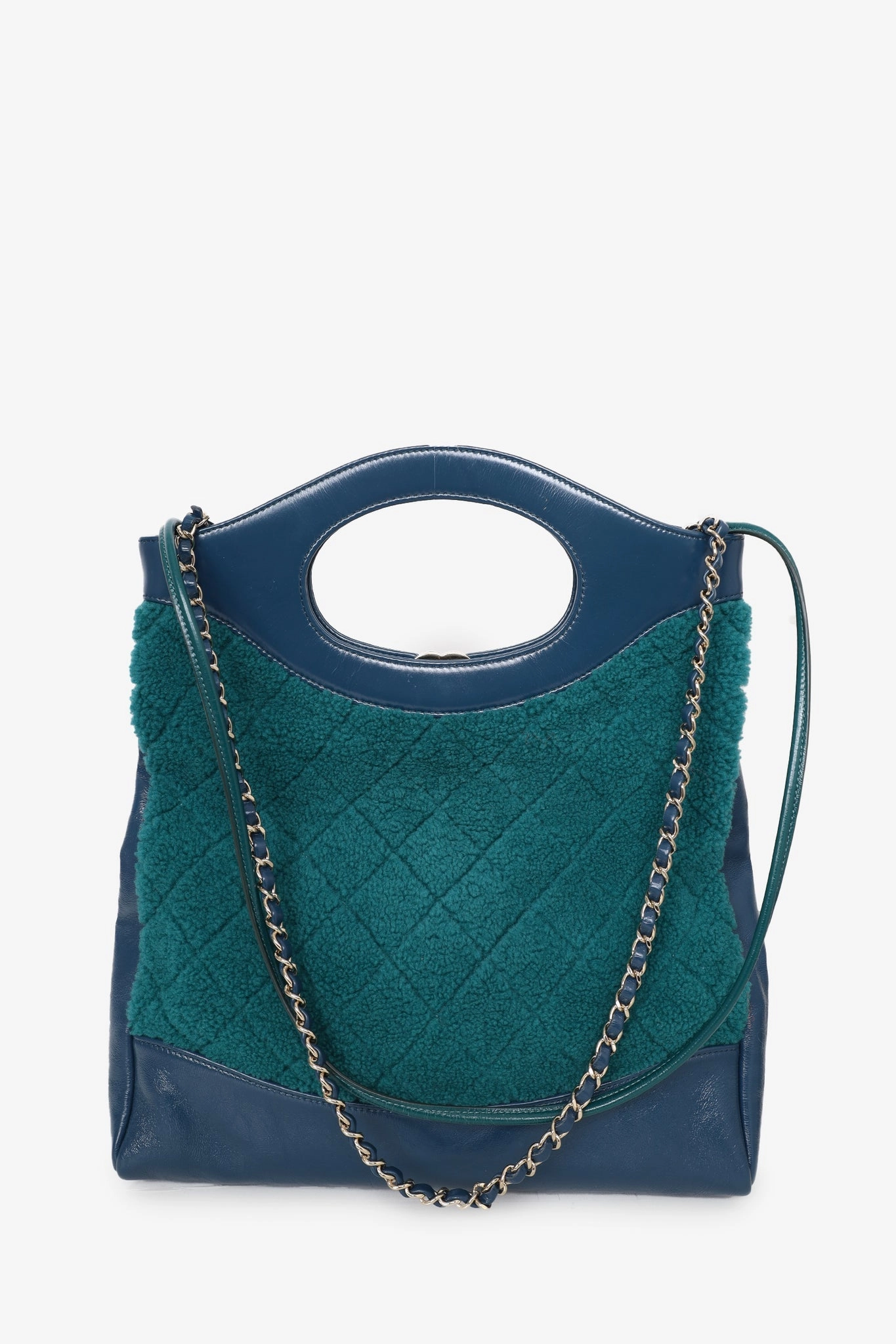 Chanel 2019 Blue/Green Quilted Shearling/Leather 31 Shopping Bag