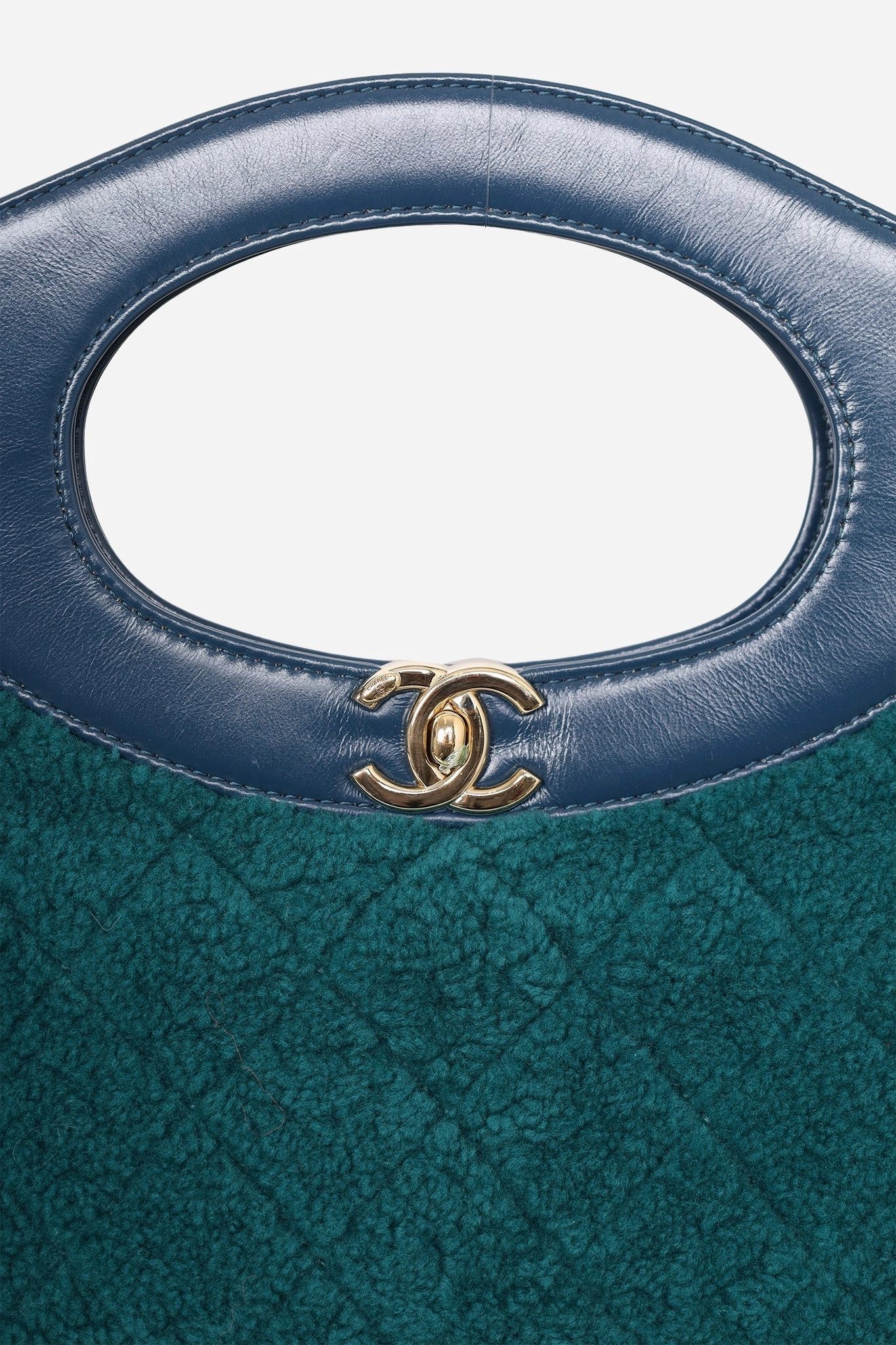 Chanel 2019 Blue/Green Quilted Shearling/Leather 31 Shopping Bag