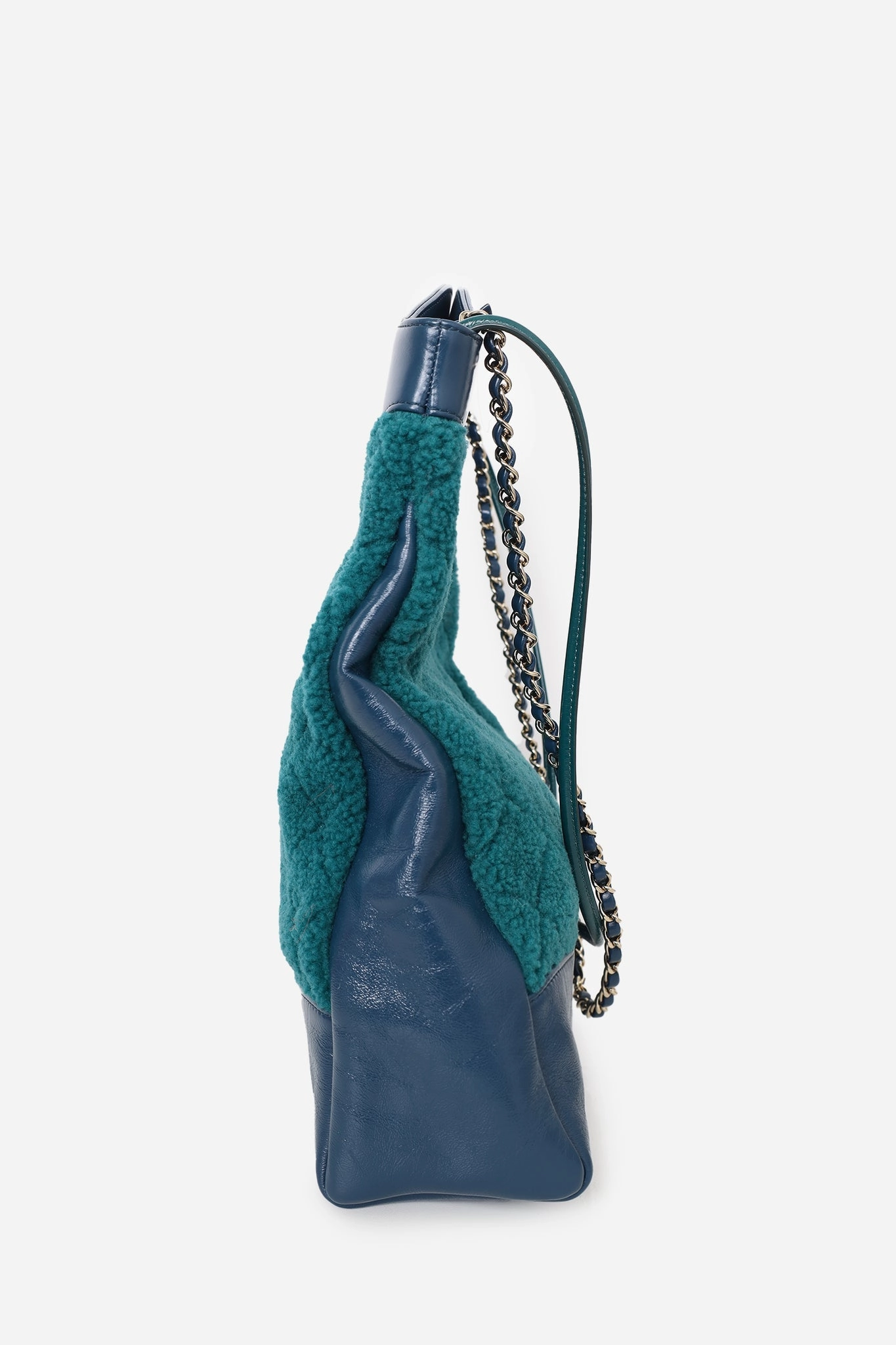 Chanel 2019 Blue/Green Quilted Shearling/Leather 31 Shopping Bag
