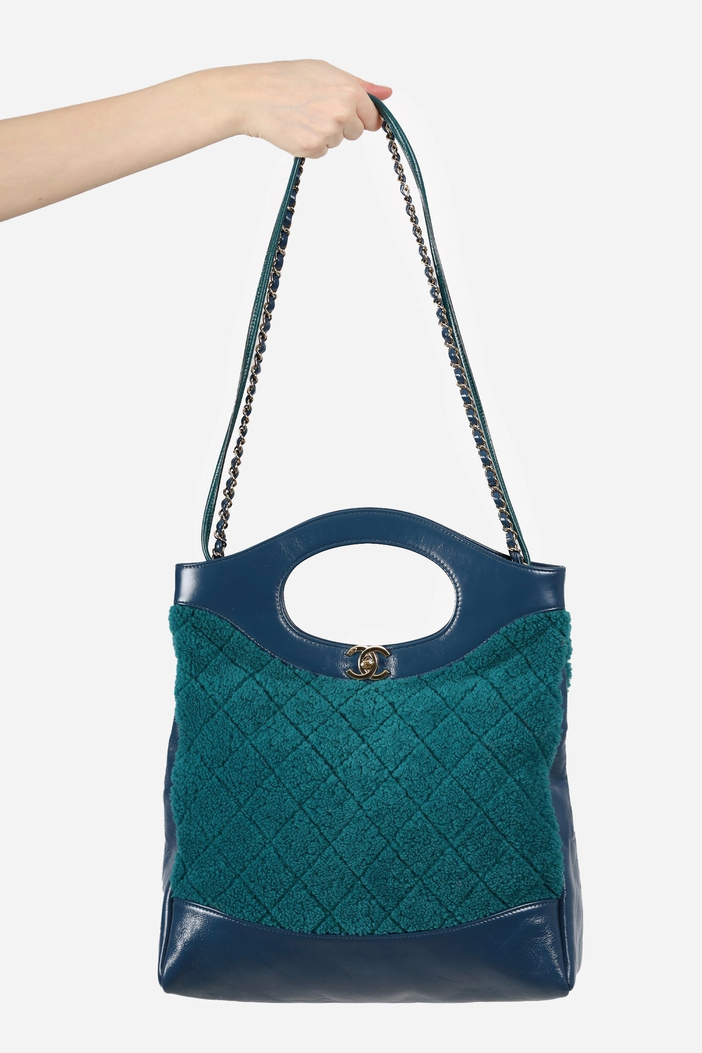 Chanel 2019 Blue/Green Quilted Shearling/Leather 31 Shopping Bag