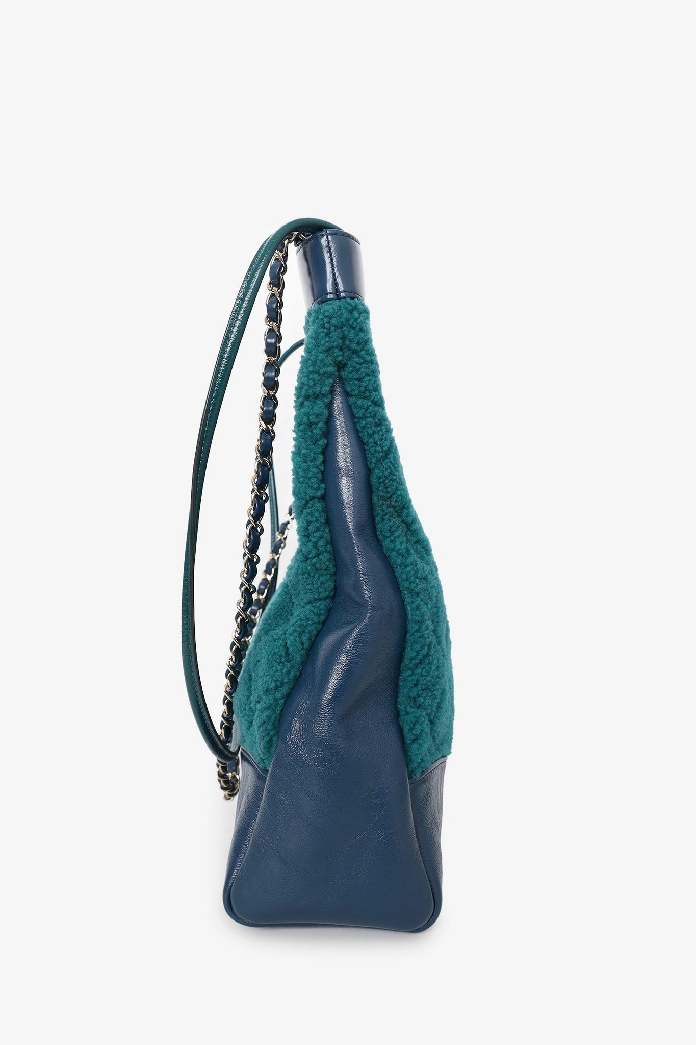 Chanel 2019 Blue/Green Quilted Shearling/Leather 31 Shopping Bag