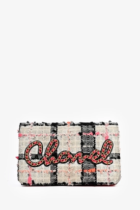 Chanel 2019 Pink/Black/Cream Tweed Wallet On Chain