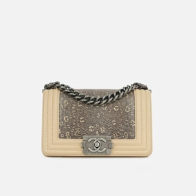 Chanel - Small Boy Bag - Beige Lambskin / Lizard RHW - 2014 - Pre-Loved