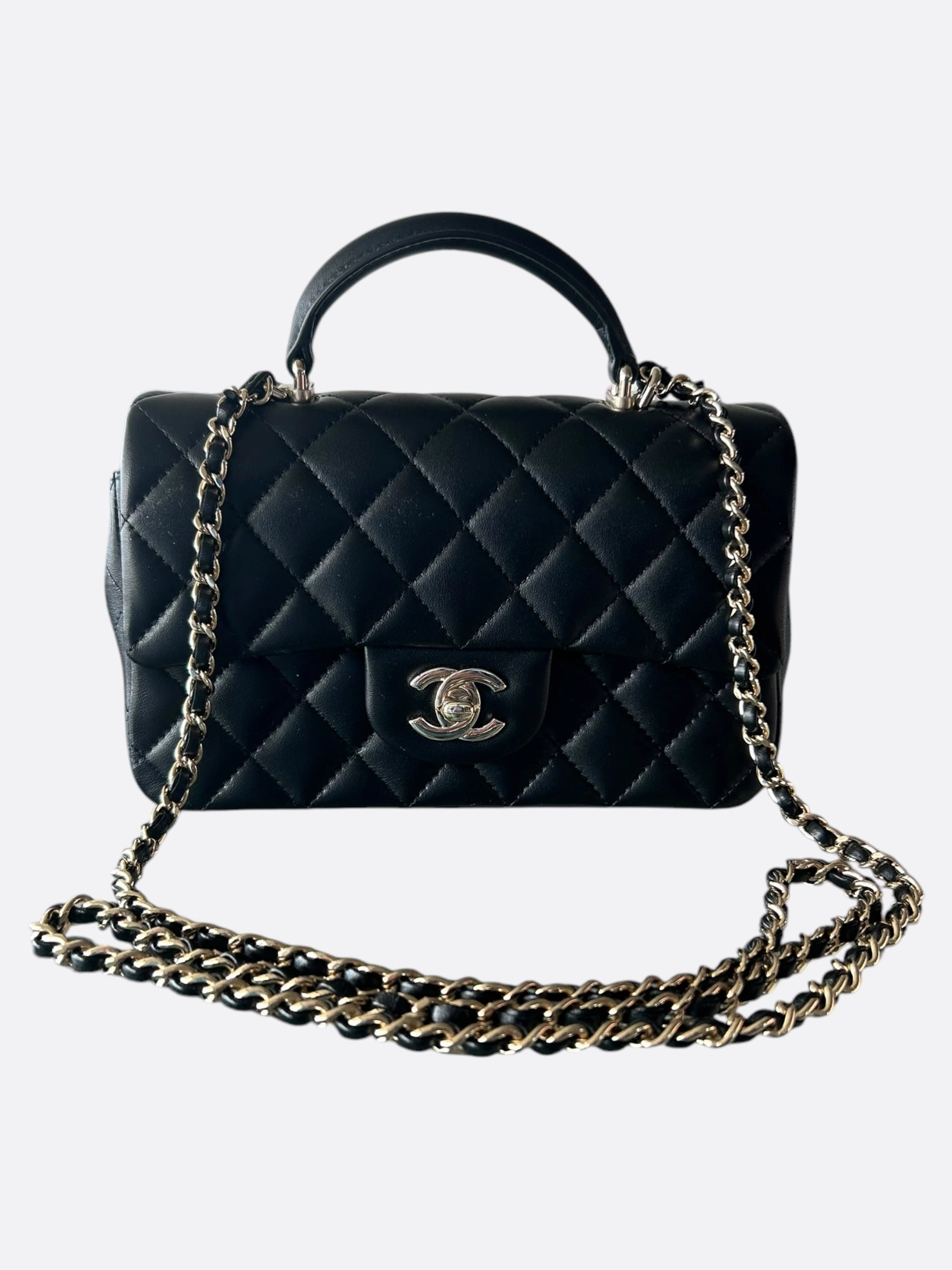 Chanel Black Lambskin Quilted Mini Top Handle Flap Bag