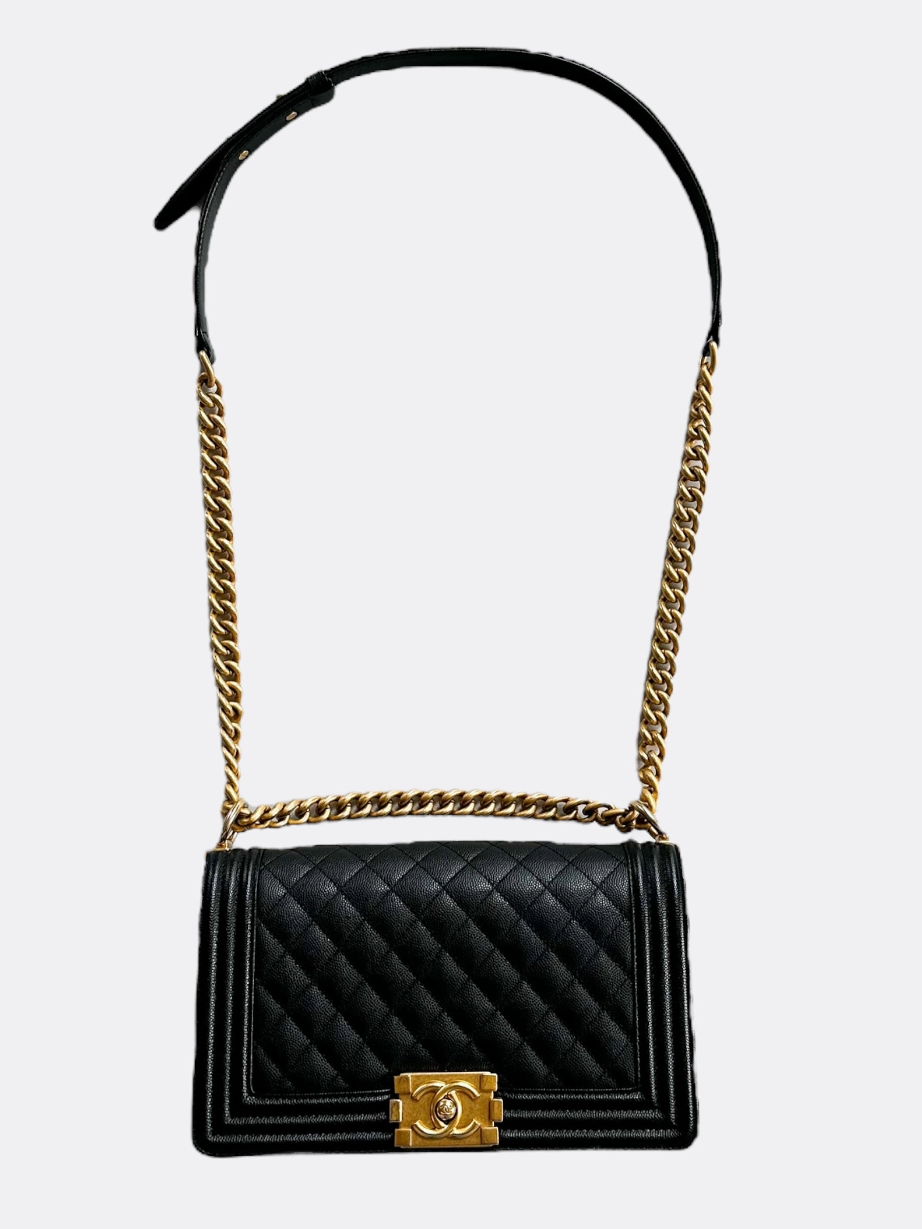 Chanel Black Quilted Caviar Medium Boy Bag